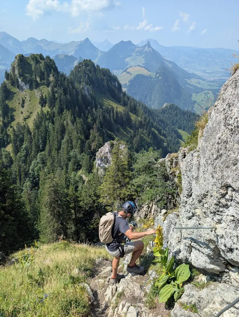 Two climbers moving across a via ferrata rock face.